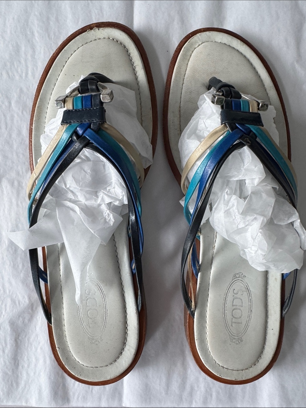 Tod's Women's Multistrap Leather Slide Sandals - Navy, Teal & Cream